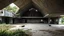 Placeholder: A semi-abandoned community center partially covered by wild vegetation, large planes of broken concrete and damp wood forming a sculptural and asymmetrical composition, open spaces without hierarchy where dogs rest under inclined structures, total integration between ruin and peripheral urban landscape, spatial density and poetics of imperfection, visual representation inspired by Japanese wabi-sabi, brutalist photography and matter paintings by Antoni Tàpies.