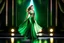 Placeholder: a very beautiful lady with makeup and curvy hair, wearing a pretty green jewelled long skirt with blouse and high heels, dancing over a modern stage with luxury metalic fractal recursive structures and dynamic color lights.3by 2