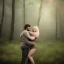 Placeholder: A photo realistic portrait of a stunning blonde girl and muscular dark haired man in a lovers embrace standing in a forrest