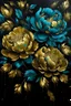 Placeholder: painting of turquise Peonies flowers with gold flowers in center of canvas black background