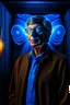 Placeholder: bill gates with a patent in the style of giger, spray paint, photo realism, trending on art station, 8k, depth of field, down light, light rays, volumetric, white hall in spaceship, blue, brown and orange