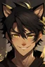 Placeholder: A young male with messy black hair, gold eyes, black cat ears, smirking