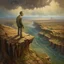 Placeholder: oil painting, an old track on a tall cliff, a man standing on the cliff and looking at the flooded city below him
