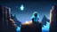 Placeholder: Minecraft Character, minecraft theme, purple starry sky, meditating, facing back, wearing gown, minecraft style, in between two cliffs,