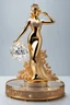 Placeholder: A magnificent cristal and gold heart-shaped sign adorned with a stunning berliant sphere encrusted with sparkling diamond clusters at its center, elegantly spinning in position,a golden Statue of a girl in standing pose,wearing 1960 clothing