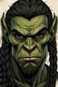 Placeholder: highly detailed dungeons and dragons character portrait of the face of a handsome young male half Orc , tall, slender humanoid with rough, leathery skin and bright black eyes, sunken deeply in their orbits, long and angular skull with small, highly placed flat nose, and ears that are pointed. Highly detailed hair long hair in braids, rough hewn facial features, in the comic art style of Bill Sienkiewicz, Mike Mignola, Alex Pardee, and Jean-Giraud Moebius