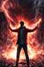 Placeholder: Young man standing, with arms raised with lightening coming from them, in front of an exploding building at night, with red auras around him