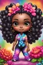 Placeholder: Create an airbrush image of a chibi black curvy female wearing a tie dye yoga outfit. Prominent make up with hazel eyes. Highly detail ombre Bantu knots. background of colorful large flowers 2k