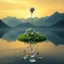 Placeholder: A surreal and dreamlike landscape featuring a single majestic [flower type] rising above a cluster of similar blooms. The flowers grow from a patch of vibrant green grass that floats atop a reflective water surface. Scattered petals extend across the water like a path, leading the viewer’s eye into the distance. In the background, shadowy mountains loom under a golden-yellow sky, casting a warm, ethereal glow. The water reflects the flowers, petals, and mountains, enhancing the mystical atmosphe