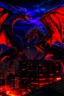 Placeholder: black dragon and red dragon facing each other on top of a high rise building at night