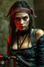 Placeholder: motion blur cyberpunk young biker Jennifer Connelly gypsy vampire with head band mods painted by Rembrandt and Titian and Giger