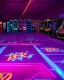 Placeholder: A dark photo of the corners of an 80's aesthetics arcade at night, with a lot of functioning arcade machines, a vaporwave floor and some colorful tiles in between the floor. Purple aesthetics. There are some pizza boxes over some of the arcade machines