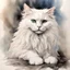Placeholder: The art style of Serge Marshennikov and Art Nouveau, alcohol ink style, mixed media, beautiful white shaggy cat, long shaggy fur, big multilayer eyes, cute pencil sketch focused Pencil and ink Pen and ink wash watercolour style Water colour and pen