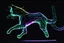 Placeholder: black background, outlines of a full-figure jumping holographic cat, drawn from thin neon-coloured glowing lines