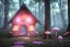 Placeholder: a cute pink and blue fairy house in the forest, spring time, mushrooms, 8k, flickering light, centered, high-quality, fine-detail, digital art, detailed matte, volumetric lighting, illustration, 3D octane render