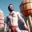 Placeholder: Ultra realistic circus scene. Naked stronger man, waist up view, Wes Anderson style, happy, bubbles, highly detailed, concept art, unreal engine 5, god rays, ray tracing, RTX, lumen lighting, ultra detail, volumetric lighting, 3d, finely drawn, high definition, high resolution.