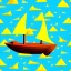 Placeholder: Legend Of Zelda: Wind Waker style Small wooden ship, with bright sails, on a vast ocean, stylized, celshaded, colorful, adventurous, frontal view, full view.