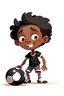 Placeholder: happy little blad black boy cick like Zidan ball in in stade, animation illustration, white bagckround