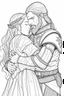 Placeholder: Fantasy coloring page, minimal detail. HD. Woman hugging a male knight with a beard. No background detail.