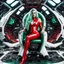 Placeholder: White woman with long green hair, a good, athletic body, nice legs, and a large bust, dressed in a red latex suit and white boots, sitting in an alien-like technological chair, with a destroyed spaceship in the background.