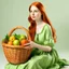 Placeholder: A beautiful young woman with orange hair sitting in a light green dress with a basket full of mangoes. All on a light background that can be easily removed.