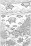 Placeholder: STRESS RELIEF themed coloring page for adult, cartoon style, thick outline, low details, no shading, no color, A serene underwater world with gliding sea turtles and coral