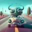 Placeholder: a cartoon alien driving a car down a road, a character portrait by Mike Winkelmann, featured on cgsociety, pop surrealism, rendered in cinema4d, daz3d, behance hd