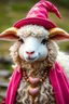 Placeholder: Anthro sheep, fluffy sheep hair, pink wizard Hat, magical , gold and pink heart shaped jewelry, full body