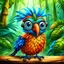 Placeholder: A whimsical, cartoonish bird with messy, fluffy feathers stands on a wooden floor. It has large, expressive blue eyes, a small orange beak, a blue bandana tied around its head, and oversized round glasses. The lush rainforest background enhances the whimsical character of the bird, with vibrant green foliage and colorful tropical flowers.