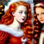 Placeholder: young Cintia Dicker and teen Robyn Lively, beautiful faces, meticulously detailed red hair; Christmas sleigh, horses; ethereal fantasy maximalist matte painting. Hues of Christmas. Hideo Kojima. realistic oil painting. Victorian era portrait painting, snowflakes, holly, pinecones, old fashioned, vintage, antique, beautiful, renaissance, 16k