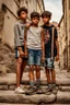 Placeholder: three teenage street children two boys and one girl in book-cover poses on the screen of old town