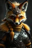 Placeholder: realistic anthro furry fox girl with mustard yellow fur in heavy syfy plate army armor looking serious