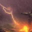 Placeholder: doom scenary. Heavy rain. Epic Lighting in the sky. Knight with magic scroll. Falling meteorite from the sky. Meteorite burning in the distance. Dark mud.