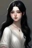 Placeholder: a 16 year old woman, white skin, medium length wawy black hair, beautiful round face, black eyes, round body, in a white dress, realistic epic fantasy style