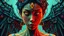 Placeholder: surreal Mondrian style with symmetric pixel art painting of A gothik female lunatic asian in a slightly different pose as a living yonic sculpture, her face double exposure with collage, chaotic abstract shift mpasto art, Disconcerting trippy collage, detailed, mythical symbol of greek, surrealism, anomaly seven heaven. Angellord, demonlord that seem almost sinister. The eerie glow with glitch error' from each compartment casts ghostly iridescent colors onto her dark, textured surface. The backg