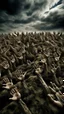 Placeholder: a field of thousands of hands of bodies buried in the ground not visible, horror, hands in different shapes coming out from the ground towards the sky Busch painting style nightmare