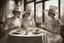 Placeholder: arafed bizarre whimsical folk art, heavy surrealism, two (((translucent wireframed dames))) wearing elegant hat are having tea, amazing transparency,fine reflections, delicate lines, remote elegance, sunny porch afternoon vibe