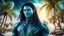 Placeholder: beautiful gorgeous young man na'vi with long hair, Avatar, blue skin, two small ears, green eyes, black hair, in cosmic suit, galactic ambiance, smiling, with spaceship and planets and palm trees and clear crystaline cosmic beach in background