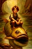 Placeholder: Masterpiece, ((Ottfried Preußler, the little water sprite)) the young little water sprite (boy) is sitting on the back of a big huge carp (fish) and glides with him under the water complete figure, flawless, full body shot, by Baptiste Monge, by Daniel Merriam, by Brian Froud, by Beatrix Potter, by Nicoletta Ceccoli, by Kinuko Y. Craft, by David Laurence, by Arcimboldo