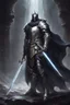 Placeholder: holy knight paladin in dark silver armor and a cape wielding a sword in abyss