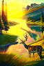 Placeholder: the foreground, a deer on a forest hillside overlooking a lake. Bathed in sunshine, with a lush green meadow, a winding river, and a towering mountain range in the distance. Warm sundown glow, golden hour. Ultra-detailed, with every blade of grass and every leaf rendered in perfect clarity. The colors are vibrant and saturated, with a dreamy, ethereal quality. Stained glass effect. Modifiers: photorealistic award winning cinematic postprocessing watercolor Ink drawing Steve Hanks Nicoletta Cecc