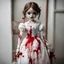 Placeholder: A girl's doll wearing a white dress with red blood bleeding from the back