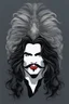 Placeholder: 30-year-old George Criscuola (Drummer) with shoulder length, wavy, straight black and gray hair, with his face made up to look like a cat's face, red lipstick - in the art style of Boris Vallejo, Frank Frazetta, Julie bell, Caravaggio, Rembrandt, Michelangelo, Picasso, Gilbert Stuart, Gerald Brom, Thomas Kinkade, Neal Adams, Jim Lee, Sanjulian, Thomas Kinkade, Jim Lee, Alex Ross,