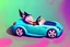 Placeholder: whimsical cartoony sports car with a small mascot character driving it, celshaded comic style