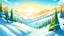 Placeholder: Fantasy cartoon style: view down the ski slope from the top of the hill, snow is sparkling like diamonds, sun is shining, pine trees are beatiful