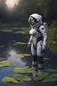 Placeholder: [scifi] A woman in spacesuit around a pond