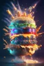 Placeholder: a single coloured burger exploding into dust, extremely detailed dust particle details, natural colours, meticulously intricate perfectly symmetrical extremely detailed, pixiv daily ranking, pixiv, extreme depth of field, artstation, sculpture style, spectacular details, volumetric lighting, masterpiece, cinematic, Hollywood production, 8k resolution, high definition, max octane render, vivid colors, max resolution, unreal engine , max perfectionism, realistic composition, professional photograp