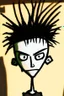 Placeholder: Portrait of 2d drawing of a stickman, cool with punk hair, x eyes like in hangman, slight smile, 3d realistic in colour