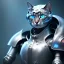 Placeholder: a cat-like robot with blue eyes and cyber elements wearing a medieval armor, high detail, photo, 8k, ray-tracing