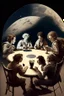 Placeholder: Captain Janeway, Einstein, Leonardo Davinci, Plato, and Amelia Earhart playing cards while drinking coffee sitting on the surface of the moon with Earth in the background